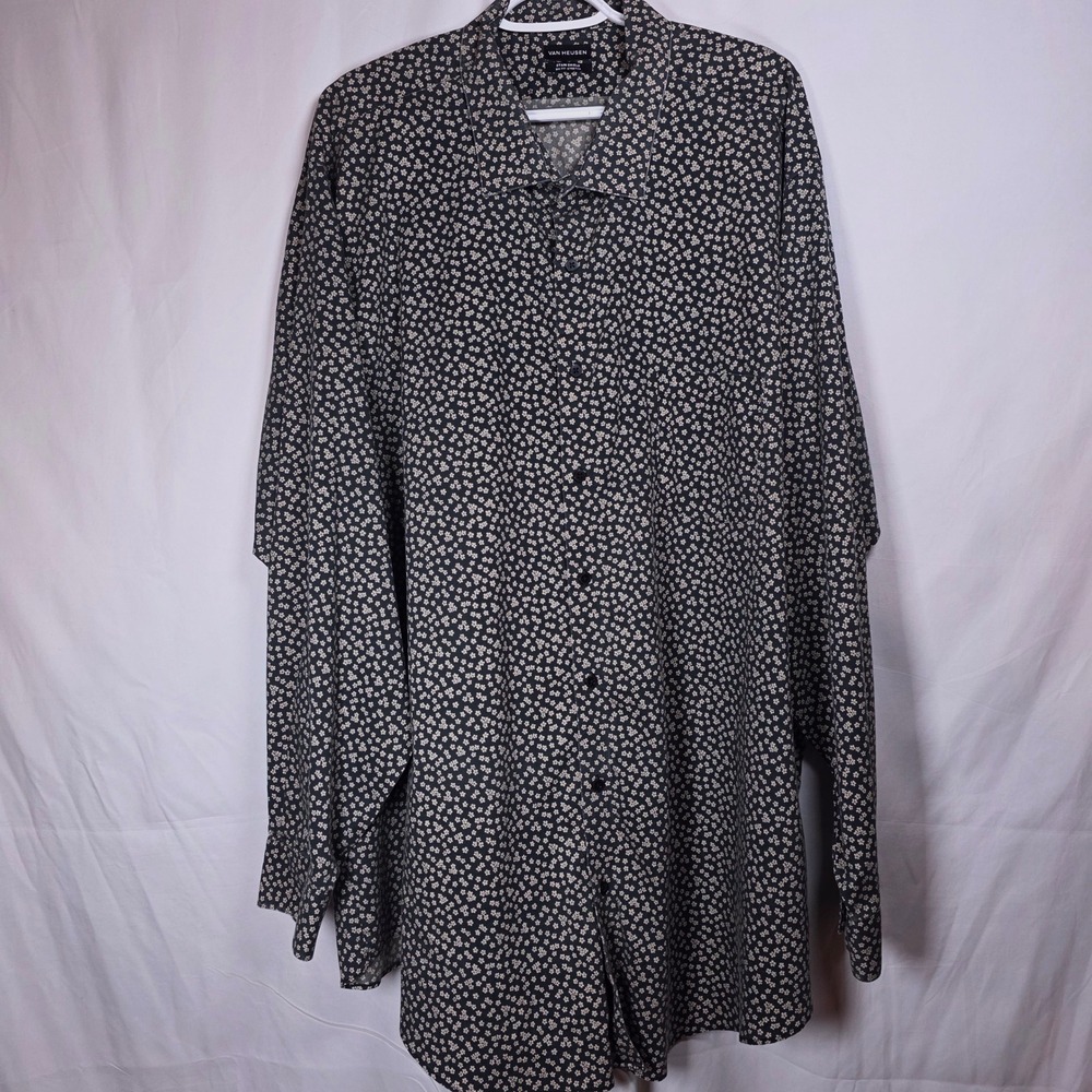 Van Heusen Stain Shield Big Fit Stretch Mens 20 36/37 Black Floral Button Down